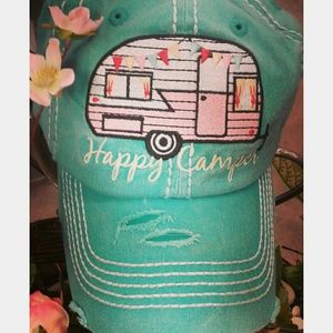 ☆ Happy Camper ☆ NWT Distressed Teal Hat ~ cute!